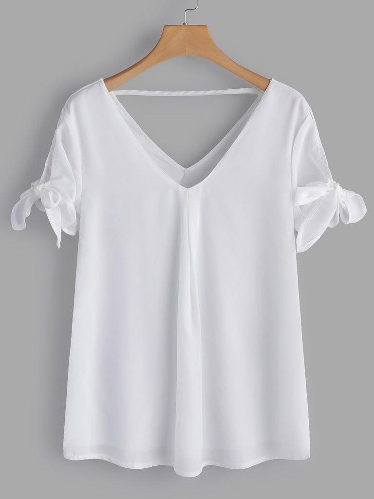 V-Neck Backless Short Sleeve White T-Shirts