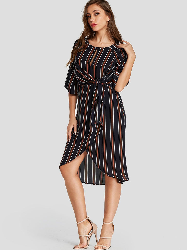 Navy Round Neck Half Sleeve Stripe Crossed Front Cut Out Belt Irregular Hem Casual Dress