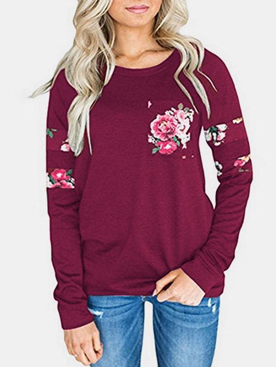 Round Neck Floral Print Long Sleeve Bodycon Hem Burgundy T-Shirts