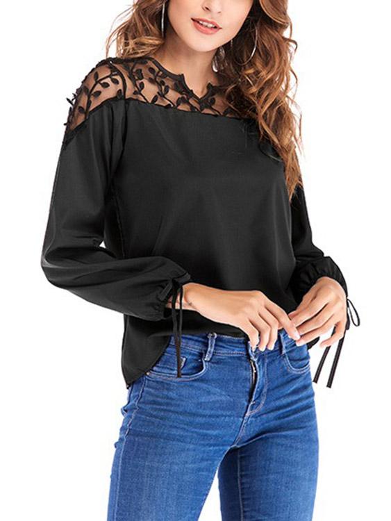Mesh Lace-Applique V-Neck Long Sleeved Tie-Up Cuffs Blouse