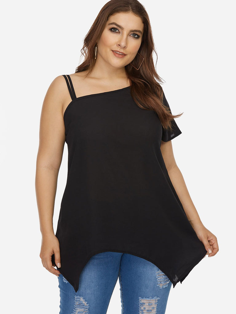 One Shoulder Plain Short Sleeve Black Plus Size Tops