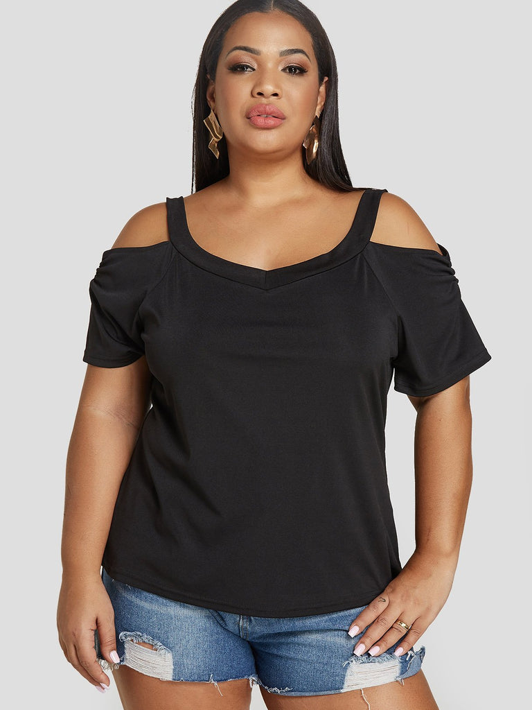 Cold Shoulder Plain Short Sleeve Plus Size Tops