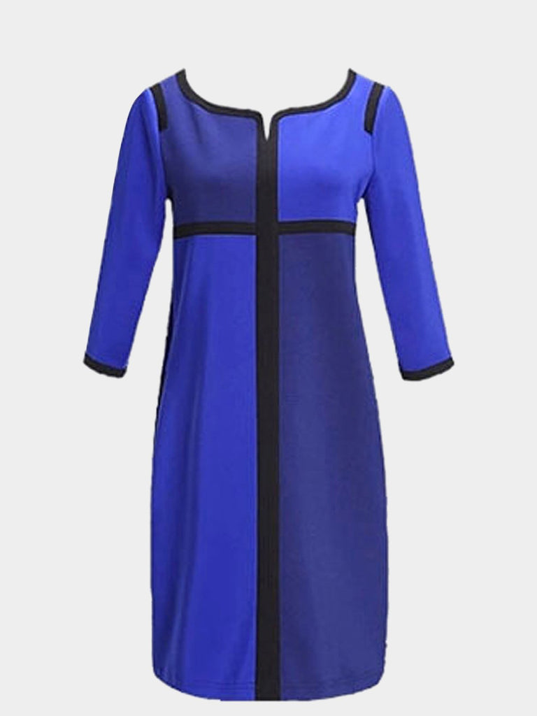 Blue Round Neck 3/4 Length Sleeve Casual Dress