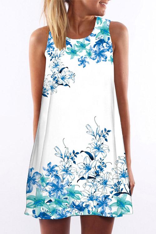 Round Neck Floral Print Sleeveless Dresses