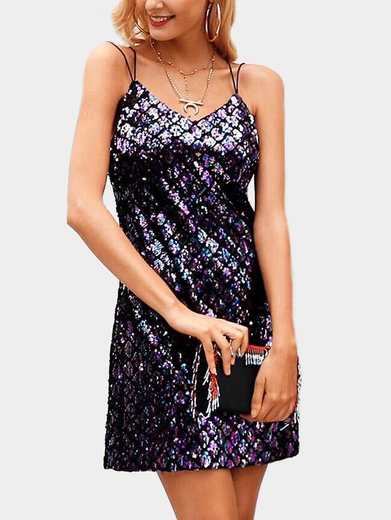 V-Neck Sleeveless Grid Backless Sequins Embellished Spaghetti Strap Sexy Dresses