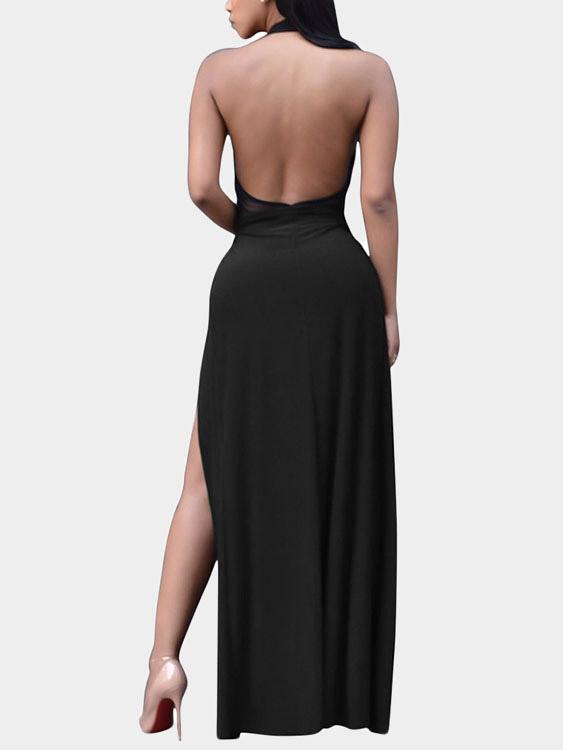 Black Halter Deep V Neck Sleeveless Plain Backless Cut Out Slit Hem Dresses