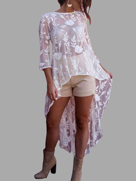 White Long Sleeve Lace See Through High-Low Hem Dresses