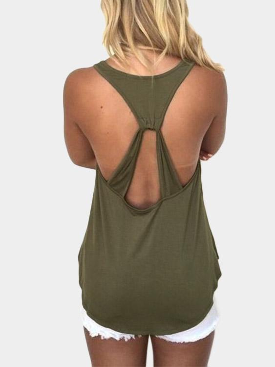 Round Neck Backless Sleeveless Army Green Tank Top