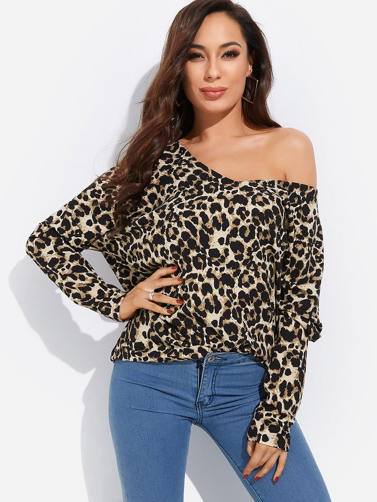 V-Neck Leopard Long Sleeve T-Shirts