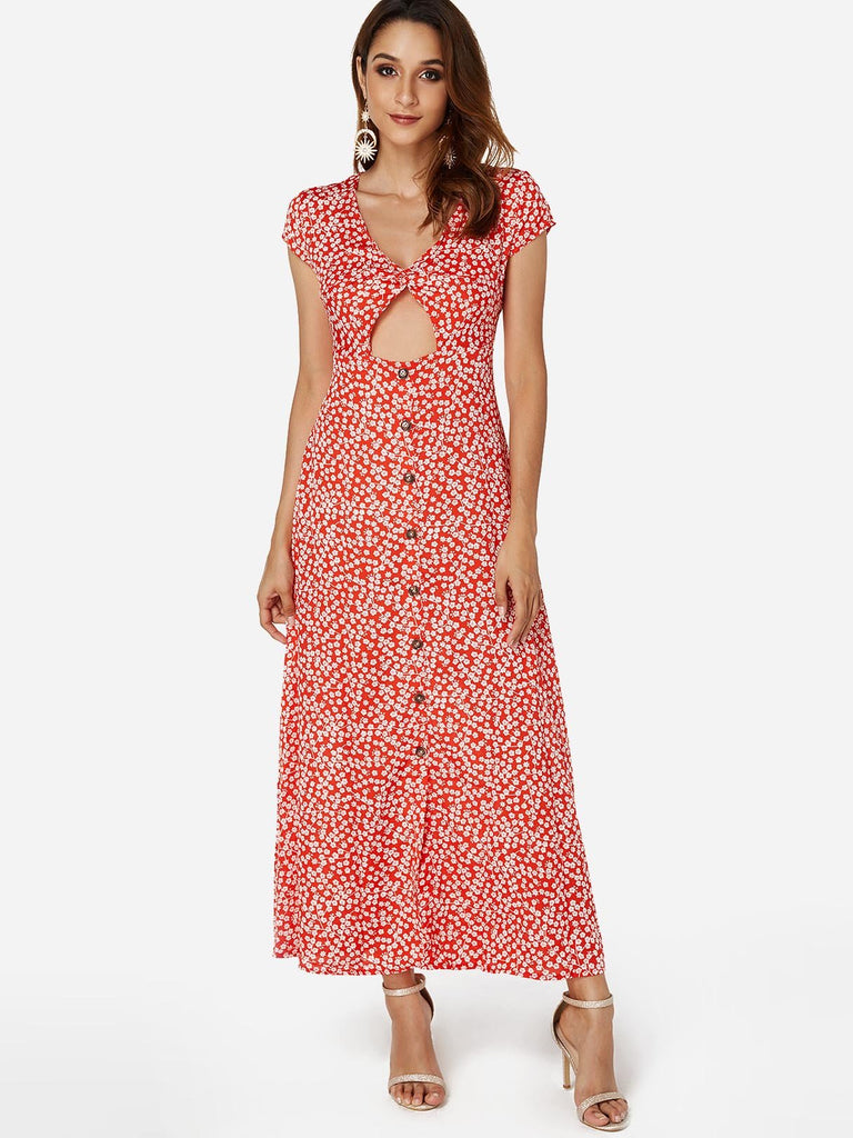 Red V-Neck Short Sleeve Floral Print Cut Out Slit Hem Dresses