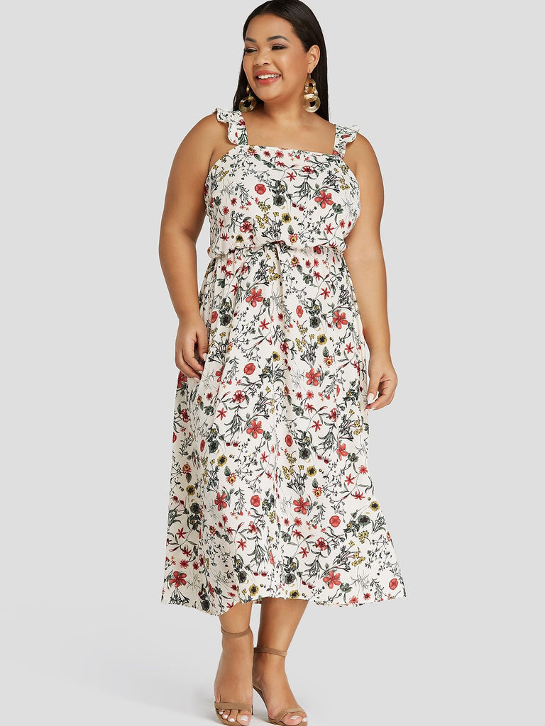 Square Neck Floral Print Sleeveless White Plus Size Dress