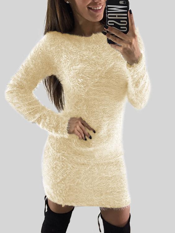 Round Neck Long Sleeve Plain Fashion Mini Dress