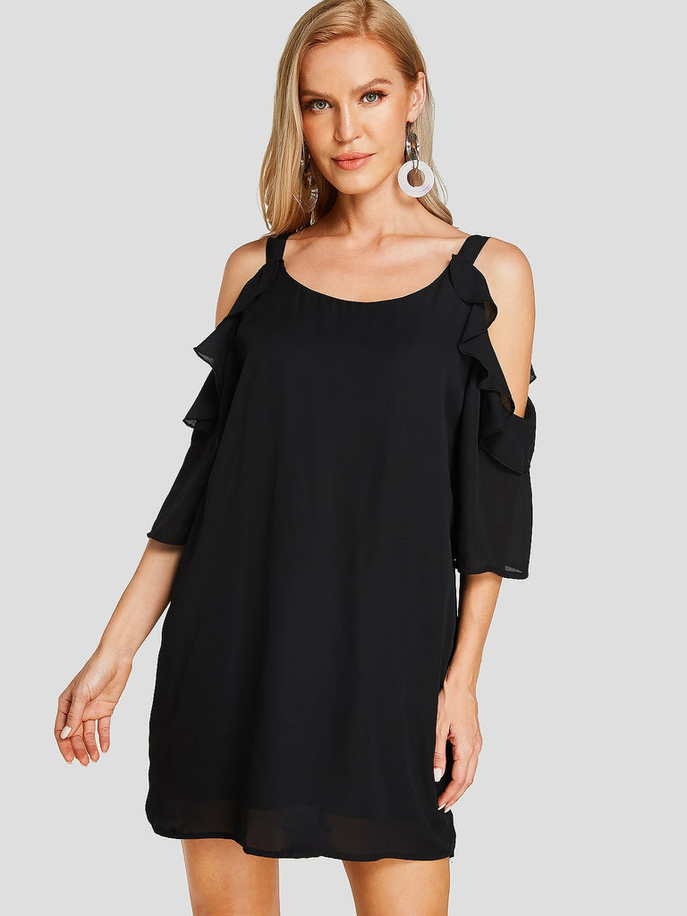 Black Round Neck Cold Shoulder Half Sleeve Plain Zip Back Ruffle Hem Sexy Dress