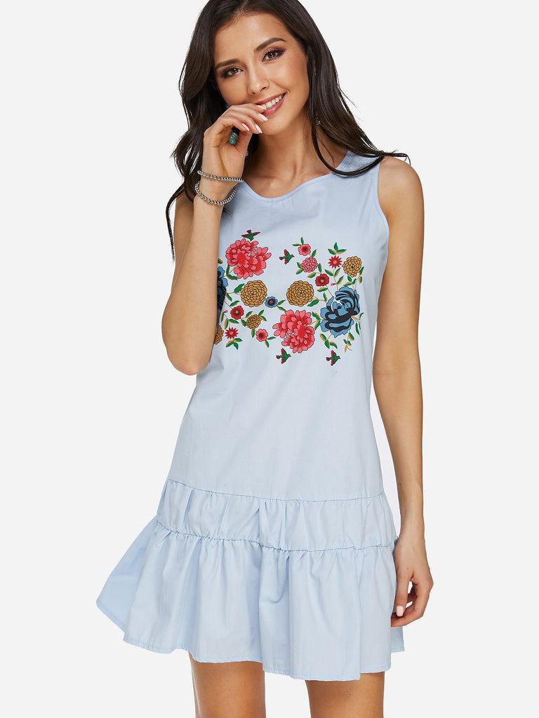 Blue Round Neck Sleeveless Floral Print Ruffle Hem Dresses