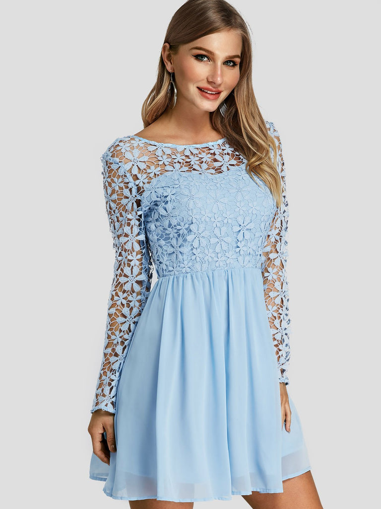 Blue Crew Neck Long Sleeve Lace Zip Back Backless Mini Dresses