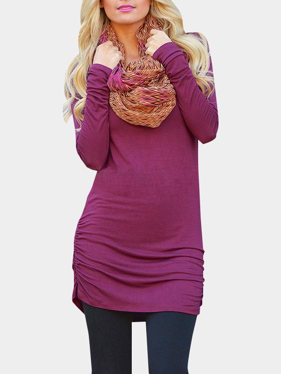 Purple Round Neck Long Sleeve Plain Casual Dress