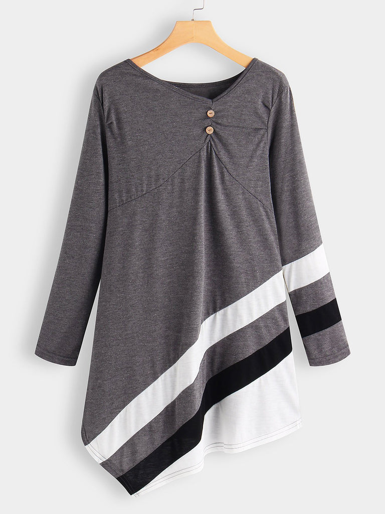 V-Neck Stripe Long Sleeve Irregular Hem Grey Dresses