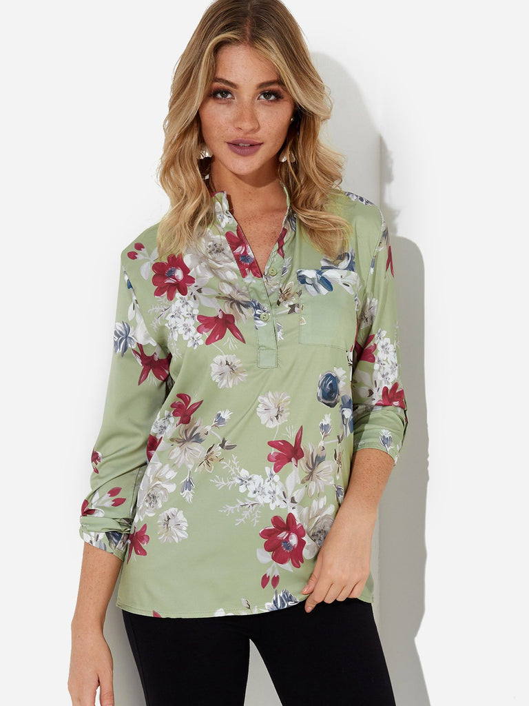 Crew Neck Floral Print 3/4 Sleeve Green Blouses