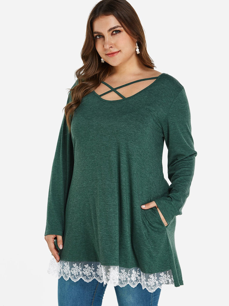 Round Neck Plain Lace Long Sleeve Oversized Tops