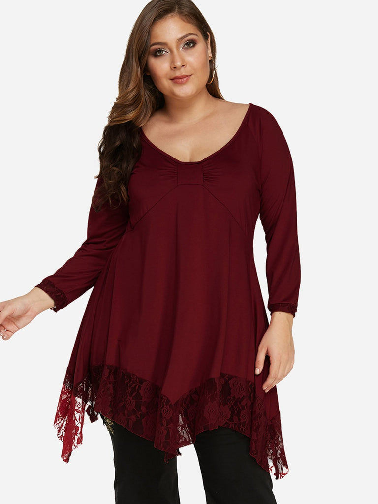 Scoop Neck Plain Lace Pleated Long Sleeve Irregular Hem Plus Size Tops