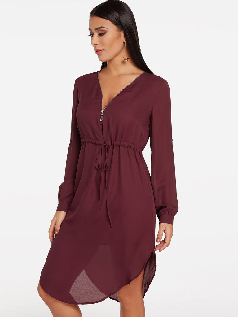 Ladies Burgundy V-Neck Dresses