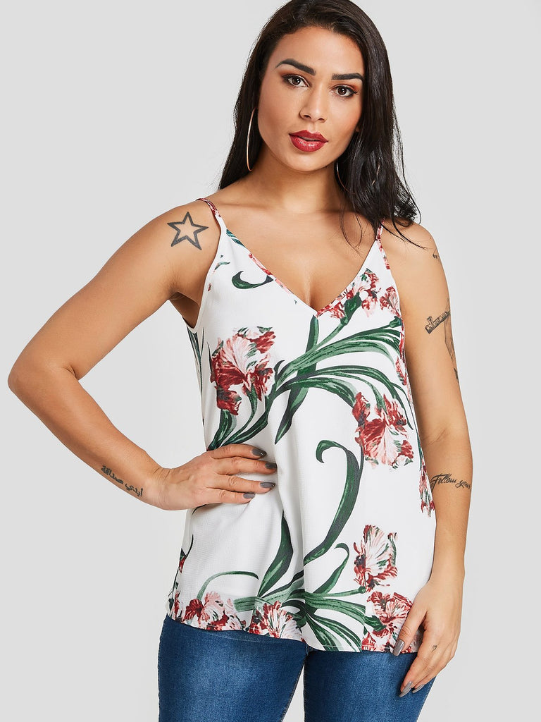 V-Neck Floral Print Spaghetti Strap Sleeveless White Camis