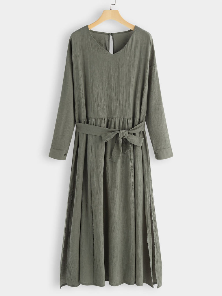 Army Green V-Neck Long Sleeve Plain Pleated Belt Self-Tie Slit Hem Dresses