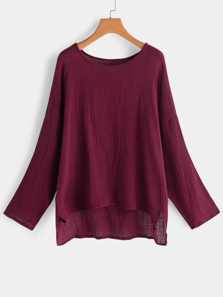 Round Neck Plain Long Sleeve High-Low Hem Burgundy Plus Size Tops