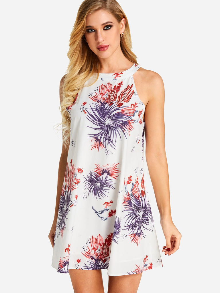 White Crew Neck Halter Sleeveless Floral Print Cut Out Mini Dresses