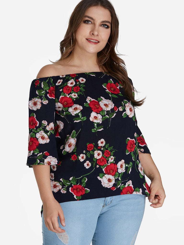 Off The Shoulder Floral Print 3/4 Sleeve Curved Hem Black Plus Size Tops