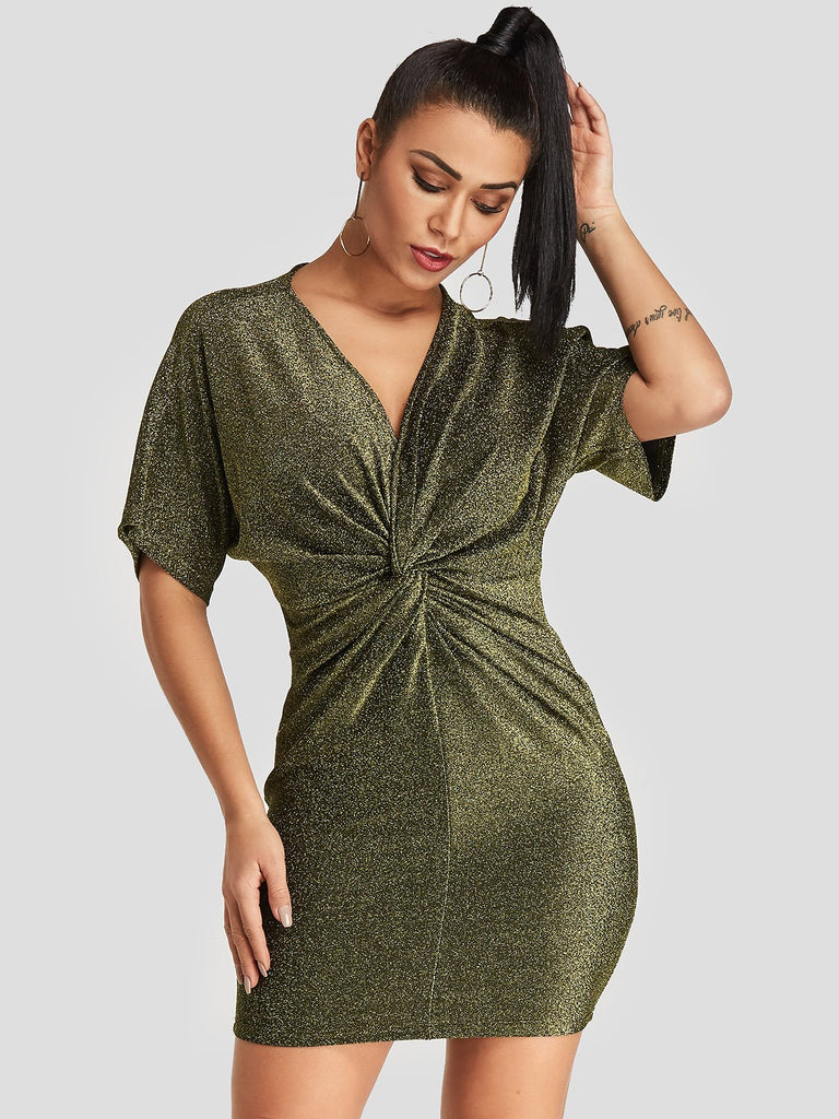 Gold V-Neck Short Sleeve Plain Bodycon Dresses