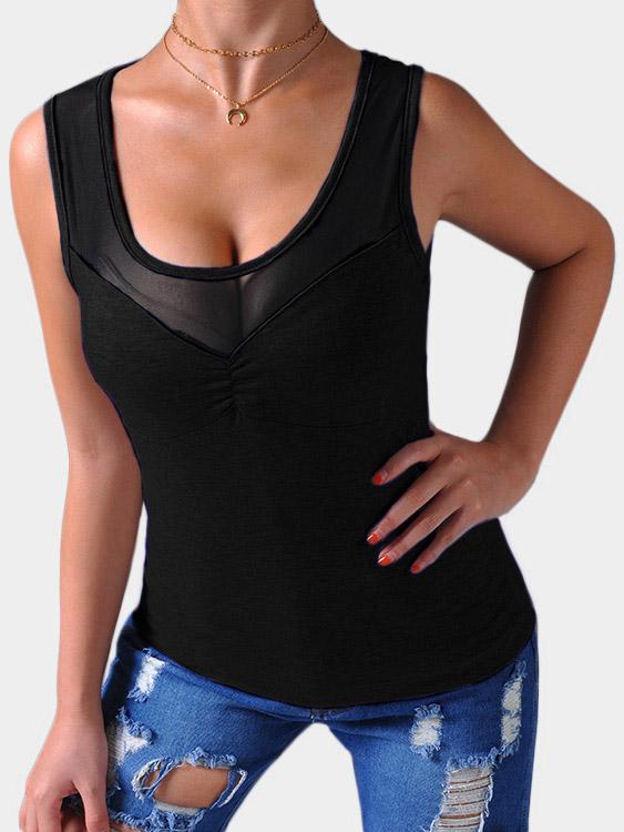 Crew Neck Sleeveless Bodycon Hem Black Camis