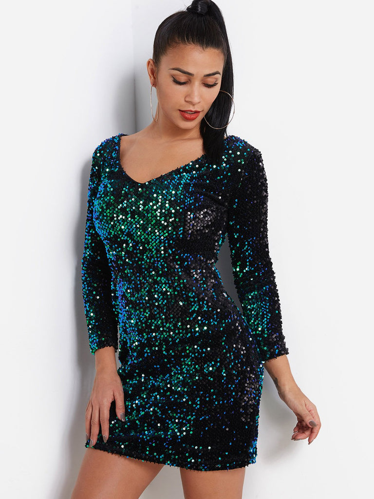 V-Neck Sequins Embellished 3/4 Length Sleeve Green Dresses