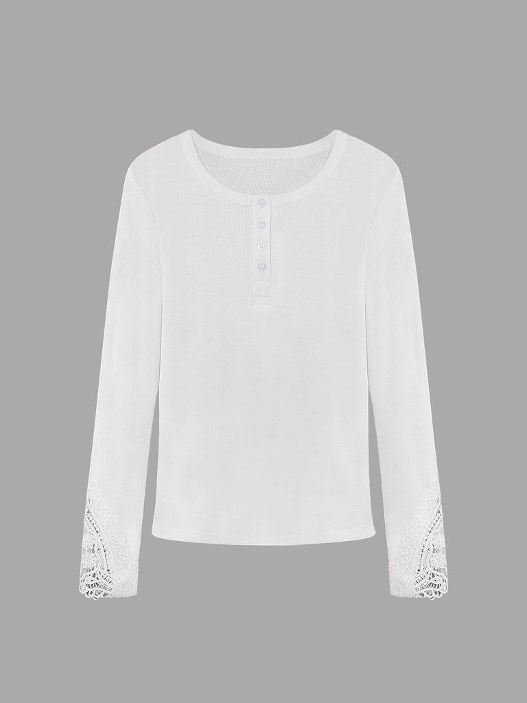 V-Neck Lace Long Sleeve Curved Hem White Top