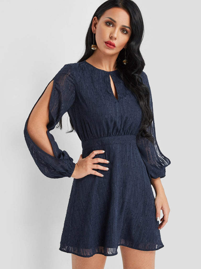 Navy Round Neck Long Sleeve Plain Cut Out Sexy Dresses