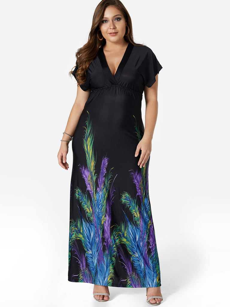 V-Neck Floral Print Backless Short Sleeve Black Plus Size Maxi Dress