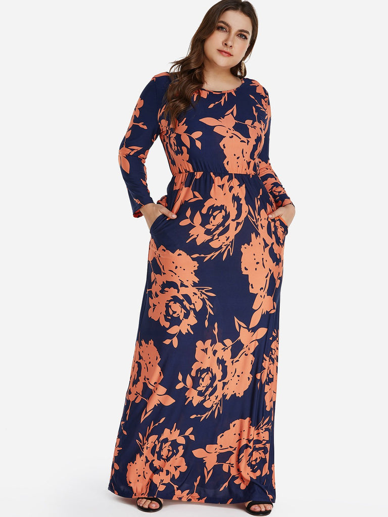 Round Neck Floral Print Long Sleeve Plus Size Dress