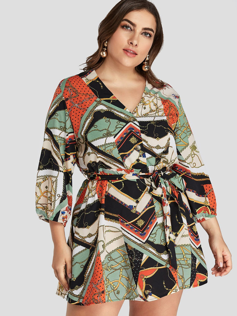 V-Neck Floral Print 3/4 Sleeve Plus Size Dress