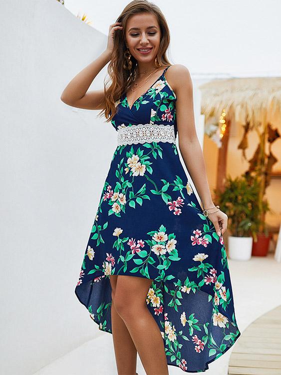 V-Neck Sleeveless Floral Print Lace Spaghetti Strap High-Low Hem Dresses