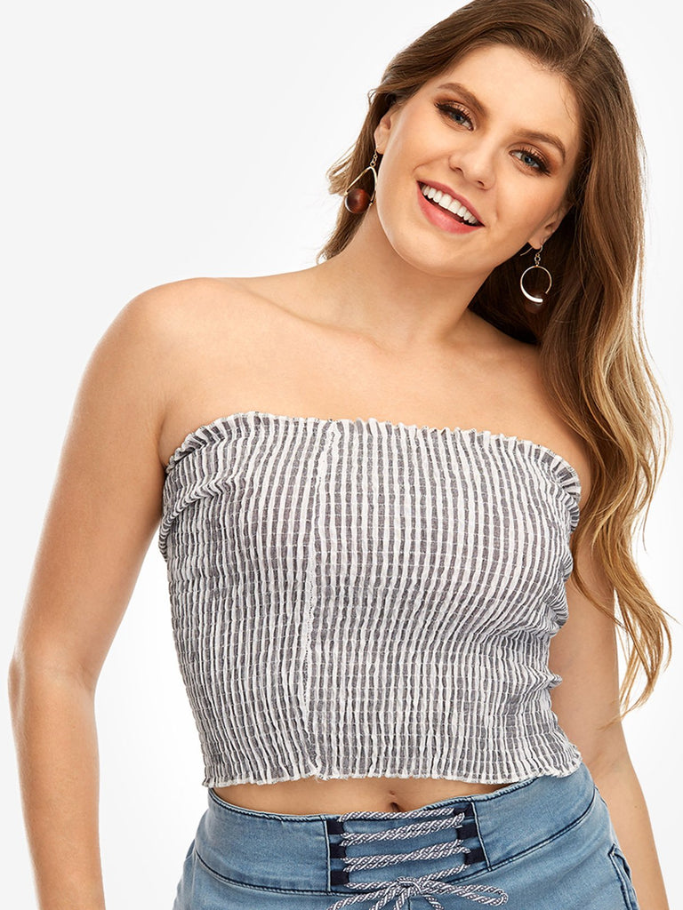 Off The Shoulder Stripe Backless Sleeveless Grey Plus Size Tops