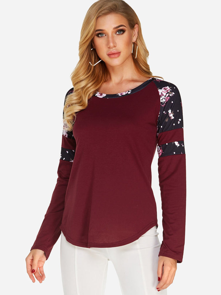 Round Neck Floral Print Long Sleeve Curved Hem Burgundy T-Shirts