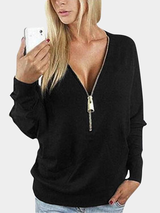 V-Neck Long Sleeve Black Top