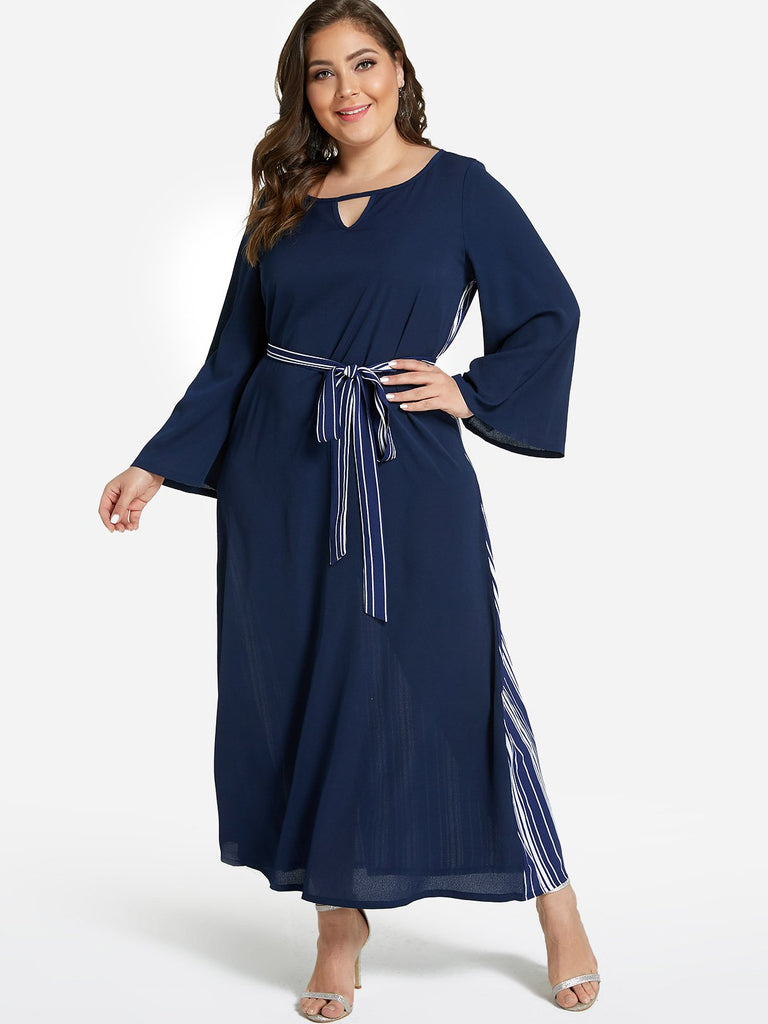 Stripe Cut Out Self-Tie Long Sleeve Navy Plus Size Dress