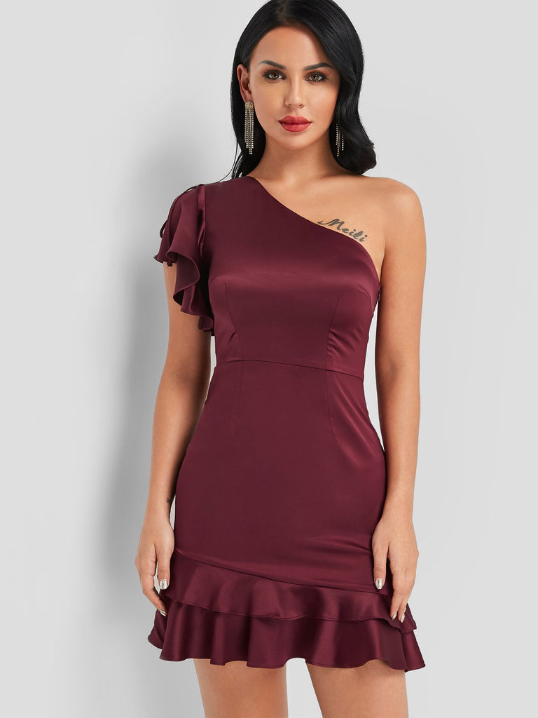 Burgundy One Shoulder Short Sleeve Plain Zip Back Ruffle Hem Sexy Dresses