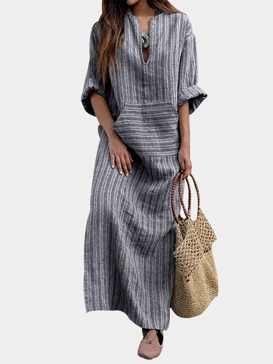 V-Neck Half Sleeve Stripe Dresses