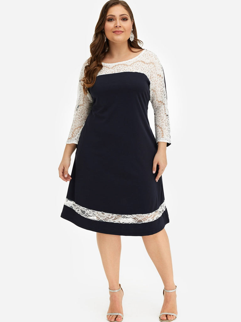 Round Neck Plain Lace Long Sleeve Plus Size Dress