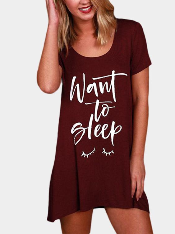 Burgundy Round Neck Short Sleeve Letter Casual Dresses