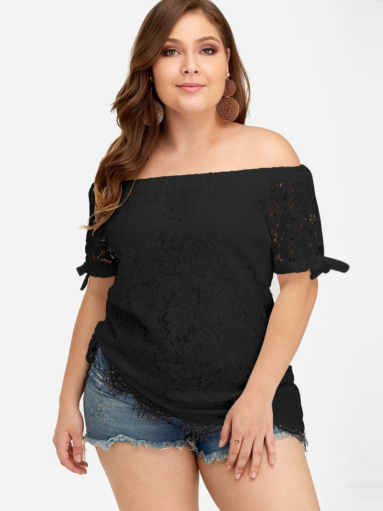 Off The Shoulder Plain Lace Short Sleeve Irregular Hem Black Plus Size Tops