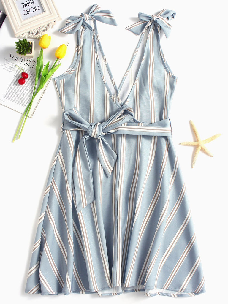 Blue V-Neck Stripe Lace-Up Belt Wrap Sexy Dress