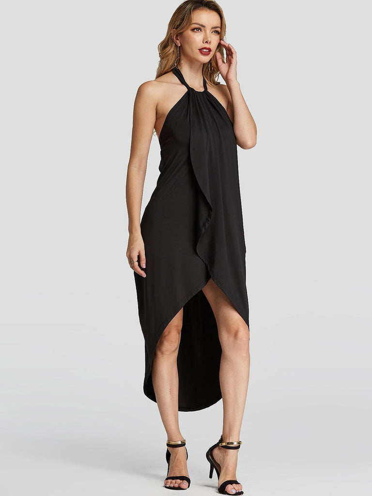 Black Self-Tie Design Halter Wrap Irregular Sexy Dress